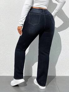 SHEIN Tall CURVE 大码休闲弹力水洗斜插口袋修身牛仔裤 - 深色水洗藍 - 查看 2