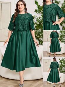 Reflora Vestido elegante de encaje de unicolor con cuello redondo y manga corta para tallas grandes - Verde - View 1