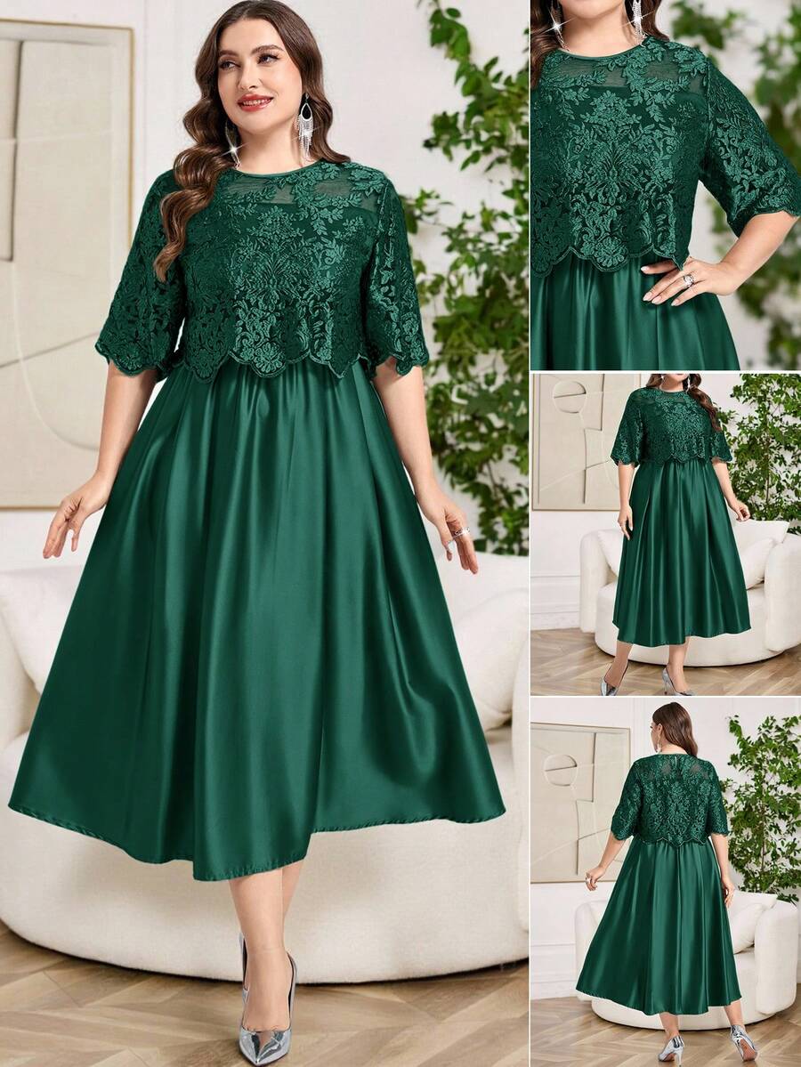 Reflora Vestido elegante de encaje de unicolor con cuello redondo y manga corta para tallas grandes - Verde - View 1