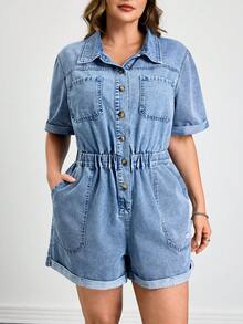 SHEIN CURVE+ 大码女式短袖单排扣休闲宽松牛仔连体裤，带口袋，春夏皆宜，适合嘉年华、通勤、度假、毕业典礼等场合，时尚百搭，Y2K风格，可爱街头风，适合派对、婚礼、商务休闲等场合。浅色水洗牛仔连体裤，翻领设计，收腰剪裁，适合日常穿着，蓝色。 - 藍色 - 查看 5