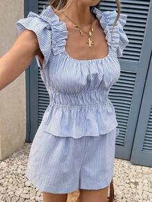 SHEIN Frenchy 女士条纹荷叶边短袖上衣和口袋短裤休闲套装 - 藍色 - 查看 8