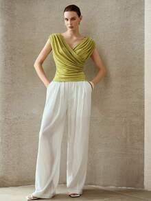 MOTF PREMIUM FASHIONABLE SHINY PLEATED V-NECK SLIM FIT METALLIC THREAD WOMEN T-SHIRT - Mint Green - View 7