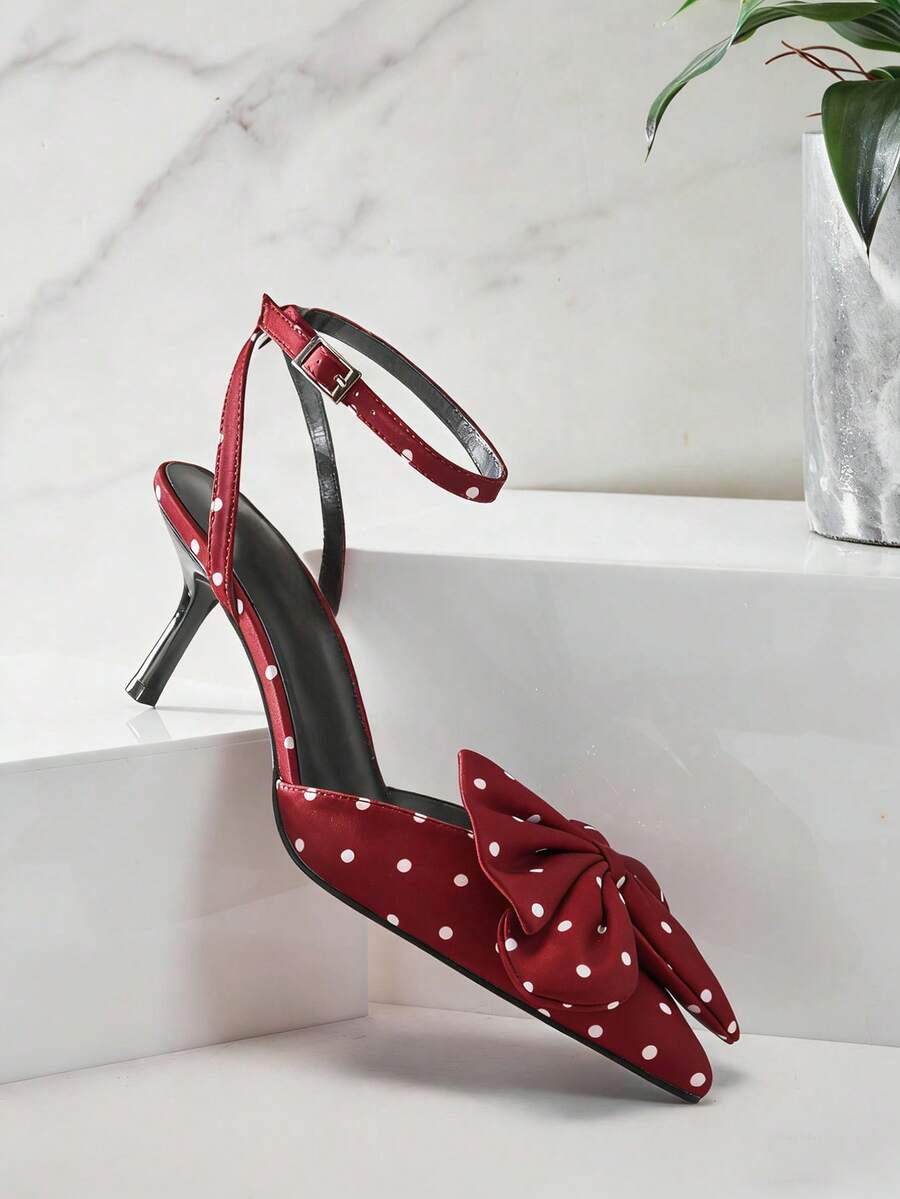 SHUZIA Women's Elegant Dot Satin Bow Knot Back Strap Pumps - Burgundy - View 1