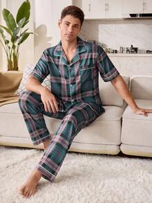 SHEIN 撞色滚边格子印花翻领男士睡衣套装 - 彩色 - 查看 6