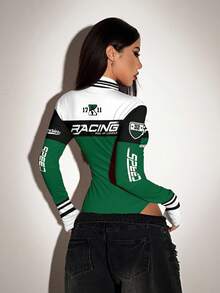 SHEIN ICON 女士字母印花撞色拉链休闲连体衣 - 彩色 - 查看 2