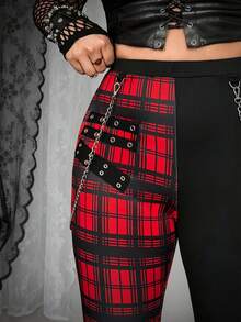 Whyspr Plus Size Punk Plaid Patchwork Eyelet Lace-Up Leggings, Spring/Summer - Multicolor - View 3