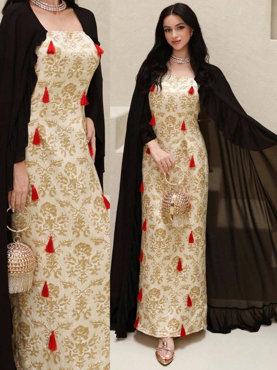 Al Najma 女士拼接流苏装饰优雅收腰派对阿拉伯连衣裙