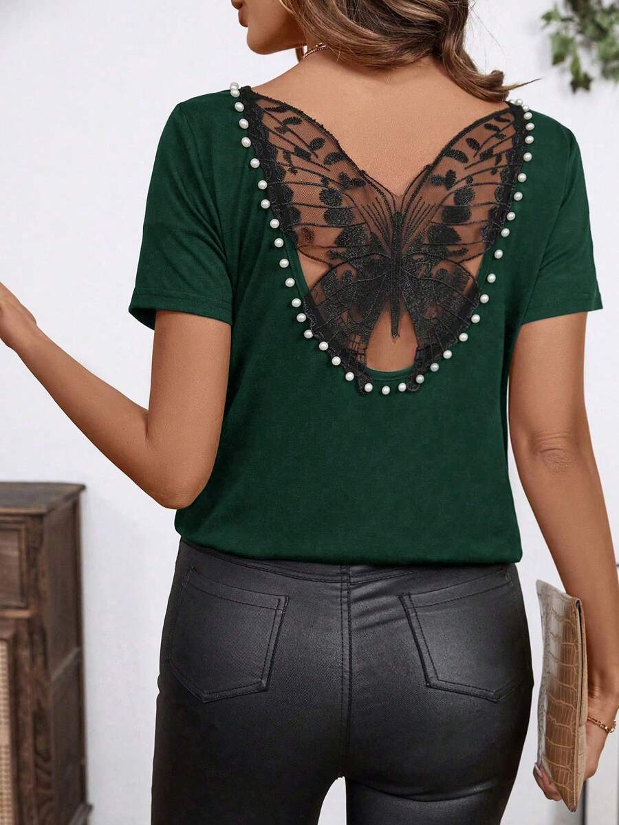 SHEIN Clasi 女士春夏针织插肩短袖蝴蝶蕾丝拼接镂空串珠露背T恤 - 墨綠色 - 查看 1