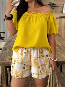 Weeklong Plus Size Casual Vacation Style Solid Color Off-Shoulder Top And Fruit Print Shorts 2 Pieces Set - Multicolor - View 3