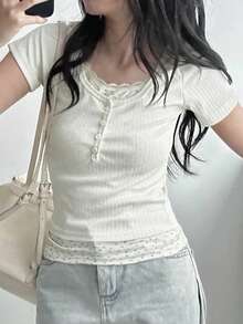 DAZY 女士拼接二合一修身短袖T恤，白色，春夏款 - 白色 - 查看 5