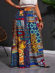 Veslaya 2026春夏大码女装音乐节、复活节、西部风情、游牧风、生日派对、毕业典礼、大学、学生、日常休闲、基础款、休闲、度假、邮轮旅行、海滩、日光浴、爆款、街头风、婚礼宾客、通勤、早午餐、机场、派对、假日郊游、优雅晚宴、舞会、休闲、高端优雅非洲印花A字裙 - 彩色 - 查看 4