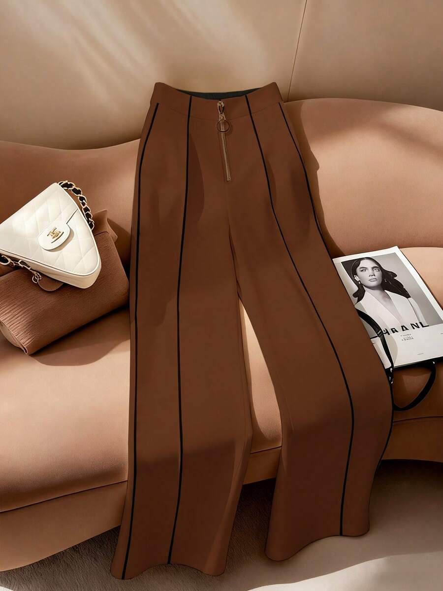 Franclia Pantalon ample à jambes larges pour femmes, couleur unie abricot avec rayures contrastées, décontracté pour tous les jours, polyvalent pour le travail, confortable, élégant à la française, printemps/automne, été - Tabac - Voir 1