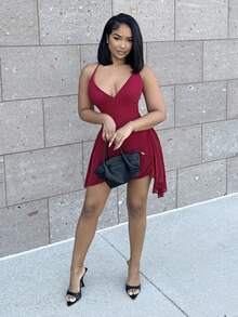 Alexandranx Vestido Curto Elegante com Decote V Profundo em Preto Sólido, com Fita, Adequado para Encontros Diários, Noite, Boates, Festas, Reuniões, Festa de Coquetel, Macacões para Férias, Festas à Beira da Piscina, Uso no Trabalho, Vestidos para Ir e Vir - Vinho - Visão 5