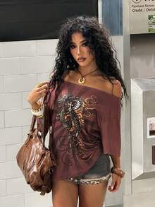 StreetHx Áo thun nữ tay ngắn trễ vai in họa tiết nhiều màu sắc thời trang - Nhiều màu - Xem 4