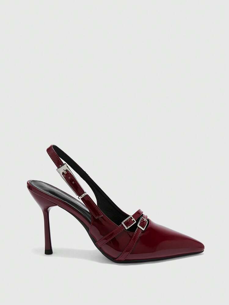 CUCCOO BIZCHIC Burgundy French Metal Buckle Elegant High Heel Sandals, Multi-Metal Buckle Decor Elevates The Design, Suitable For Working Women's Daily Commute, Also Fits Semi-Formal Occasions Like Business Meetings And Small Gatherings