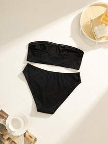 女士纯色简约提花抹胸内裤两件套内衣套装 - 黑色 - 查看 7