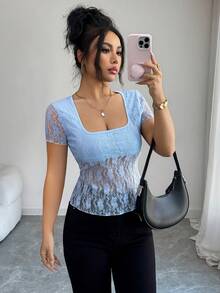 SHEIN Elenzya Women's Blue Lace Square Neck Semi-Sheer Short Sleeve T-Shirt - Baby Blue - View 3