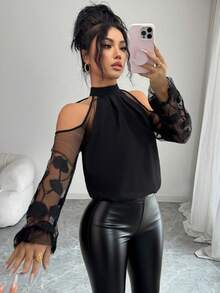 Ellegaria. Women's Casual Halter Neck Sheer Embroidered Loose Fit Solid Black Blouse, Suitable For Spring/Summer, Daily Wear, French Elegant - Black - View 3