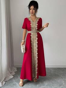 Islaluna 女士优雅奢华金色丝带V领收腰短袖红色长连衣裙，春夏款 - 紅色 - 查看 4