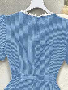 GlowEve 女士藏蓝色条纹V领仿珍珠装饰优雅短袖连衣裙 - 藍色 - 查看 3