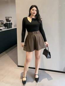 Dazy Plus Plus Size Women Casual Solid Color Short Straight PU Shorts, Autumn/Winter - Brown - View 8