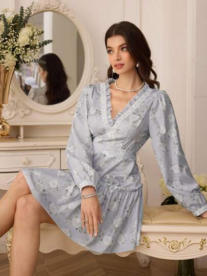 Modelyn Women's Vintage French Lace Patchwork V-Neck Long Sleeve Waist Ruffle Hem Short Dress