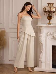 Modelyn Women's Elegant Niche Asymmetric Hem Cinched Waist Top And Loose Wide Leg Pants 2 Pieces Set, Suitable For Commuting And Everyday Wear - Apricot - View 5