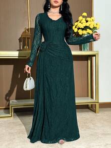 Modelyn Elegant midiklänning med volanger och spetsmönster för kvinnor, lämplig för fester och evenemang - Mörk Grön - Visa 5