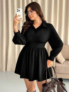 Vionelle 大码纯色收腰长袖梭织衬衫领连衣裙，秋冬黑色优雅连衣裙长袖领连衣裙大码黑色连衣裙领连衣裙女式大码连衣裙大码连衣裙大码黑色优雅连衣裙长袖黑色连衣裙女式黑色连衣裙黑色迷你连衣裙女式黑色连衣裙 - 黑色 - 查看 5