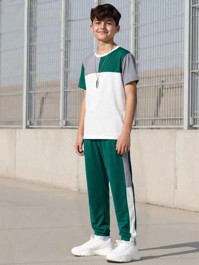 SHEIN Vacaura 2pcs Tween Boy Contrast Color Round Neck Short Sleeve T-Shirt And Jogger Pants Casual Outfit