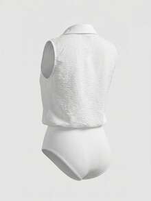 Franclia 2026 New Arrival White Loose Sleeveless Jumpsuit With Shirt Collar & V-Neck Wrinkled Fabric Casual Commuter Minimalist Vacation Style One-Piece Outfit - White - View 3