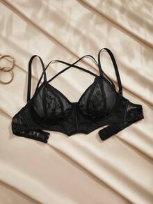 Charlaine 1pc Sexy Lace & Mesh Patchwork Women's Bra - Black - View 5