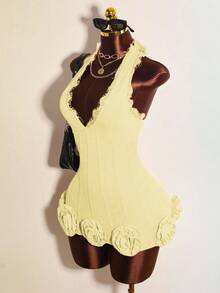 Mistrie Women's Solid Color 3D Floral Decor Sexy Halter Neck Dress - Apricot - View 3