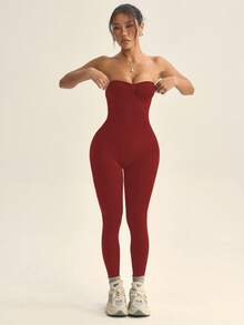 Dewbera 女士无缝露背酒红色连体衣 - 酒紅色 - 查看 4