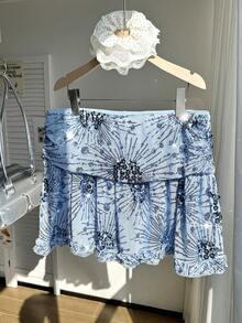 Comfortcana Plus Size Women Sequin Decor Ruffle Hem Fashionable A-Line Skirt Valentine's Day - Blue - View 3