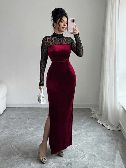 Rafferiza Lace Patchwork Long Sleeve Elegant Party Dress, Black Long Dress Long Sleeve Formal Dress Velvet Dresses Long Dress With Slit Sexy Elegant Dress Split Dress