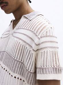 SUMWON Lightweight Open Knit Short Sleeve V-Neck Polo Shirt Summer Casual Vacation Beach Textured Pullover - Beige - View 1