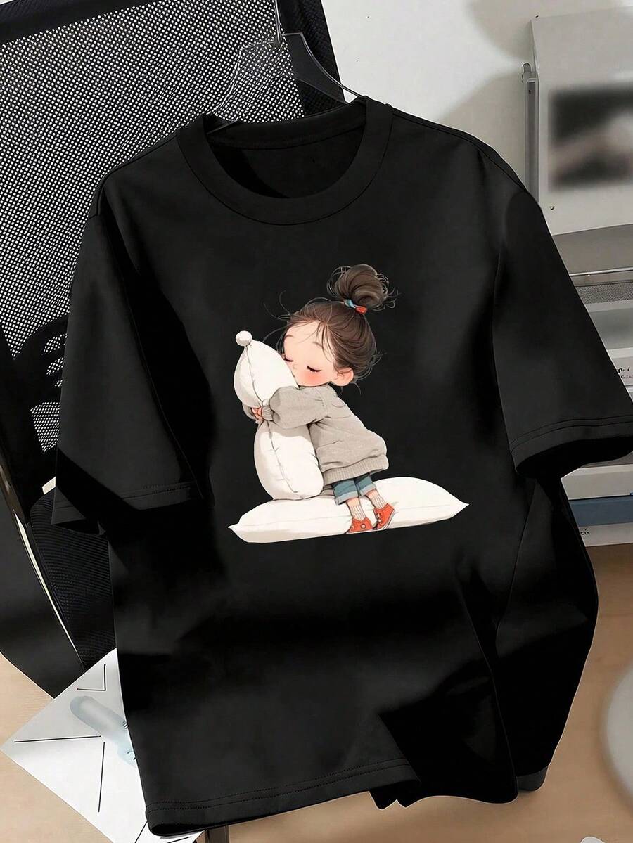 EMERY ROSE Áo thun cỡ lớn in hình cô gái dễ thương kiểu dáng ngọt ngào - màu đen - Xem 1