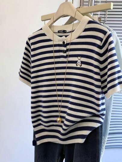 SHEIN LUNE Spring/Summer Fashion Casual Resort Wear Versatile Everyday Beachwear Women's Plus Size Striped Short-Sleeve Sweater With Embroidered Bear On Chest, Button-Front Half-Open Collar Sweater Women's Beachwear Plus Size Women's Top