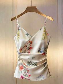 GlowEve Best-Selling Floral Print Vacation Camisole With Waist Ruching Detail, Slimming, Luxurious Satin, Summer Tank Top - Multicolor - View 1