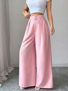 Elenzga 新款女士高腰编织纹理优雅A字阔腿裤，百搭年轻女士长裤 - 粉色 - 查看 7