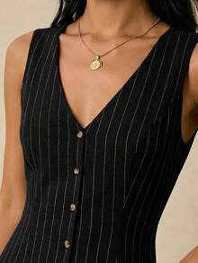 Poéselle 女士时尚条纹V领单排扣无袖连衣裙 - 黑色 - 查看 3