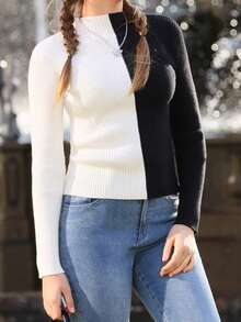 SHEIN Áo len nữ Khối Màu Giải trí - Đen và trắng - Xem 5