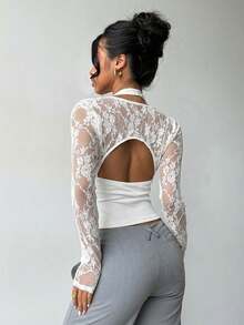 Aloruh 女士新款浪漫优雅性感蕾丝拼接紧身镂空长袖上衣，适合约会、派对、外出 - 白色 - 查看 2