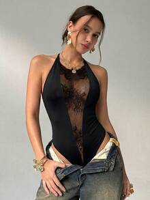 Aloruh Sexy Y2K Music Festival Party Lace Backless Sheer Sleeveless Bodysuit, Black - Black - View 5