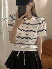 DAZY Women's Collared Fitted Striped Knit Top - White - View 6