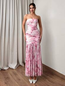 Firerie Vestido de verano elegante de mujer con estampado floral y drapeado - Albaricoque - Ver 3