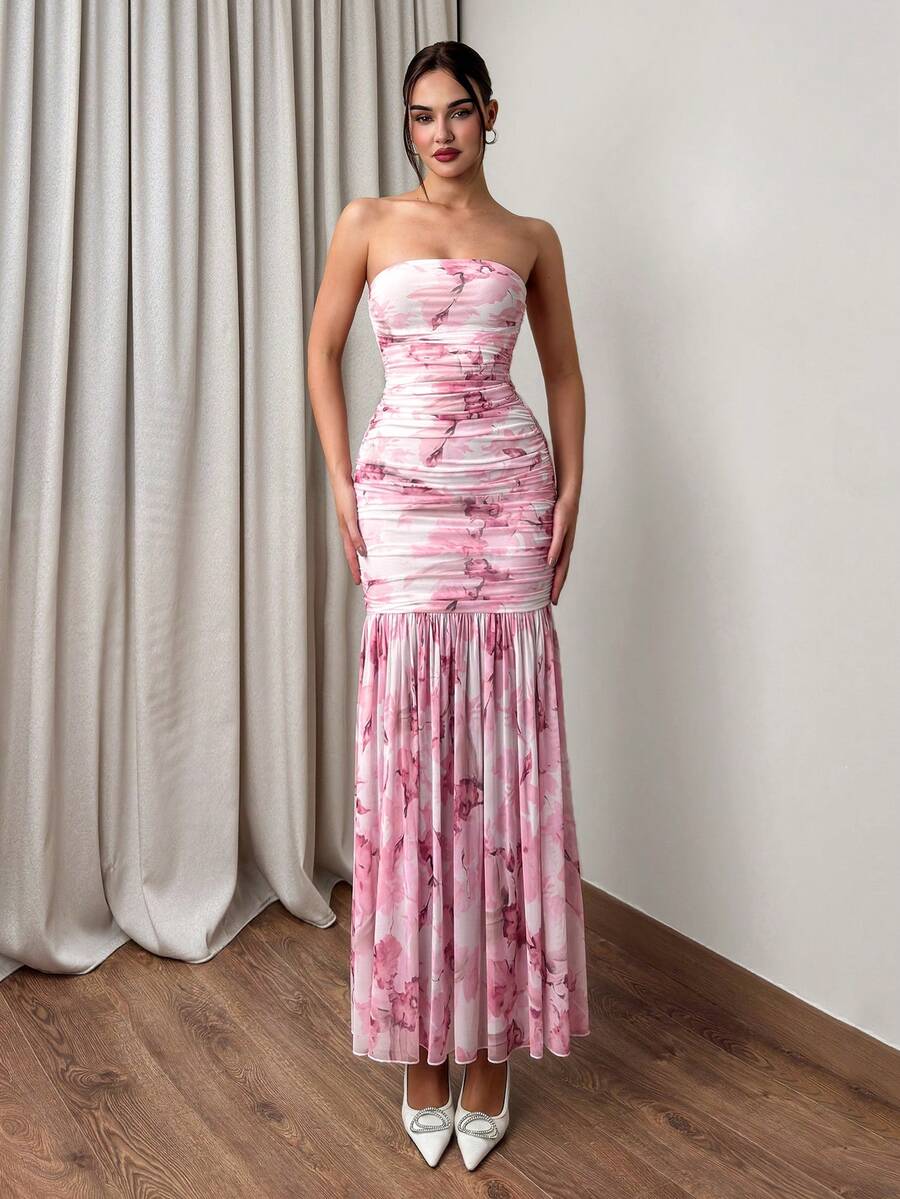 Firerie 女士优雅印花褶皱连衣裙，夏季 - 杏色 - 查看 1