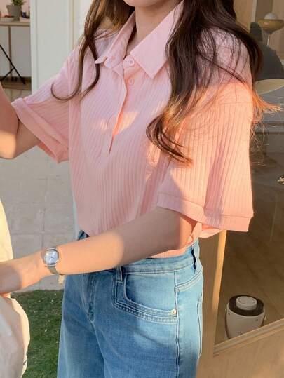 FRIFUL 女士宽松版型 Polo 领罗纹短袖纯色 T 恤