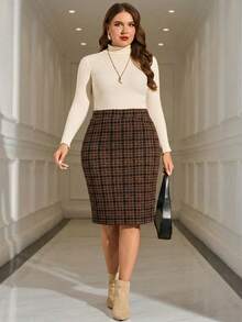 EMERY ROSE 大码休闲百搭通勤格子裙 - 棕色 - 查看 5